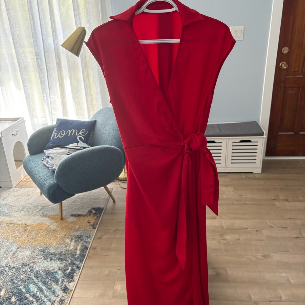 SHEIN Red Sheath Midi Dress with Notched Collar